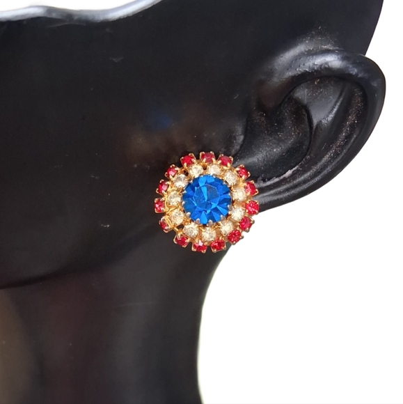 Vintage Red White & Blue Rhinestone Stud Earrings - Picture 1 of 5